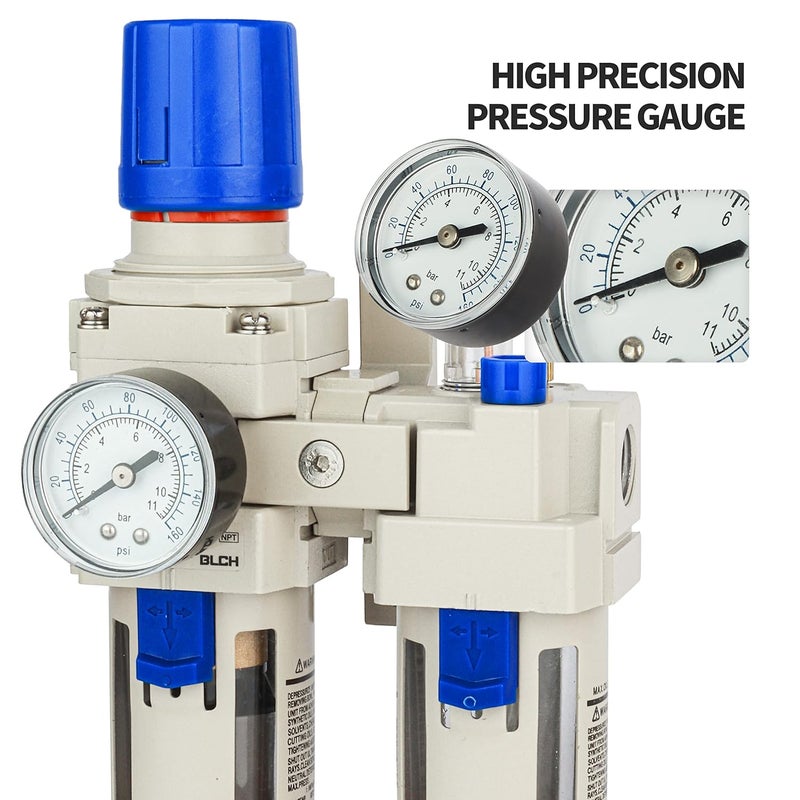 BLCH 3/8" NPT Air Compressor Water Separator - Air Pressure Regulator Compressed Air Filter Regulator Lubricator Combo AC3010-03 Semi-auto Drain Poly Bowl Gauge 0-160 PSI 5μm Brass - Image 5